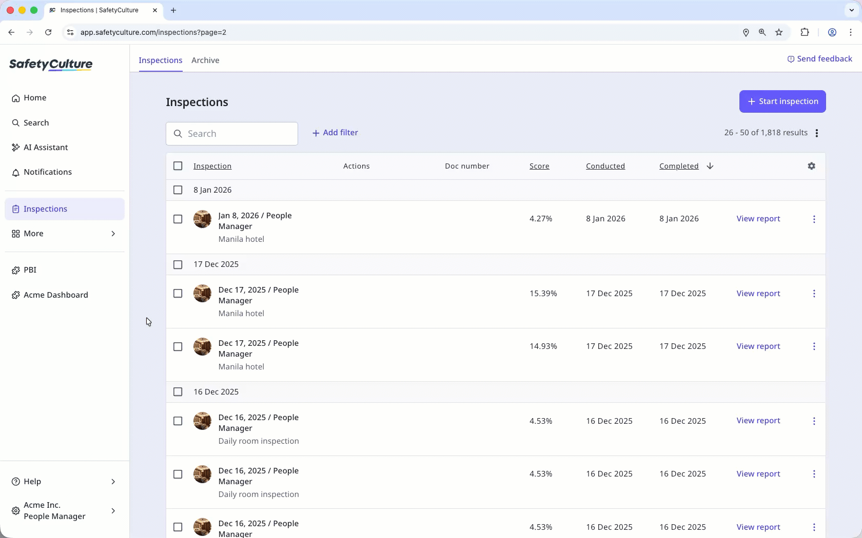 Delete an inspection report link via the web app.