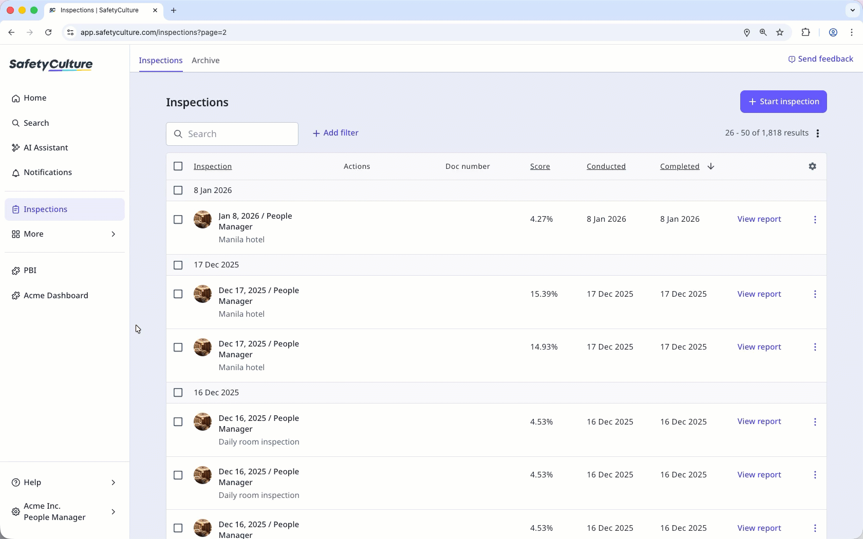 Create and share inspection report links via the web app.