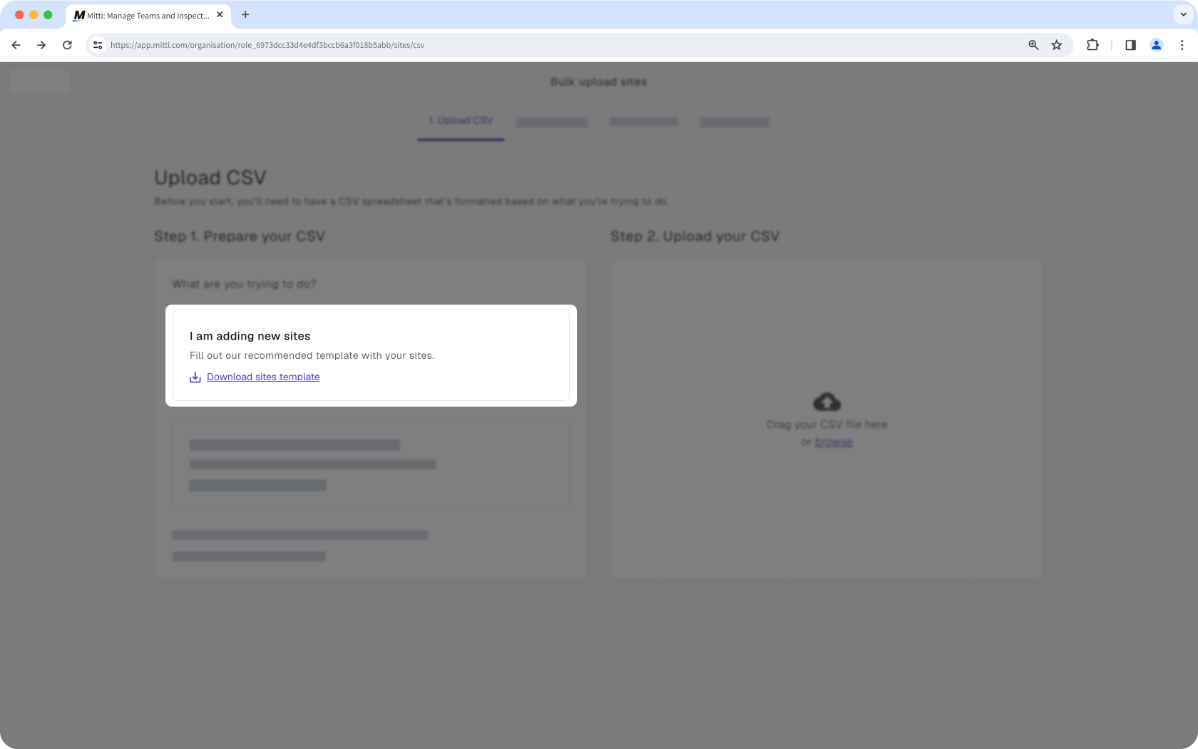 The Bulk upload sites page showing the option to Download sites template.