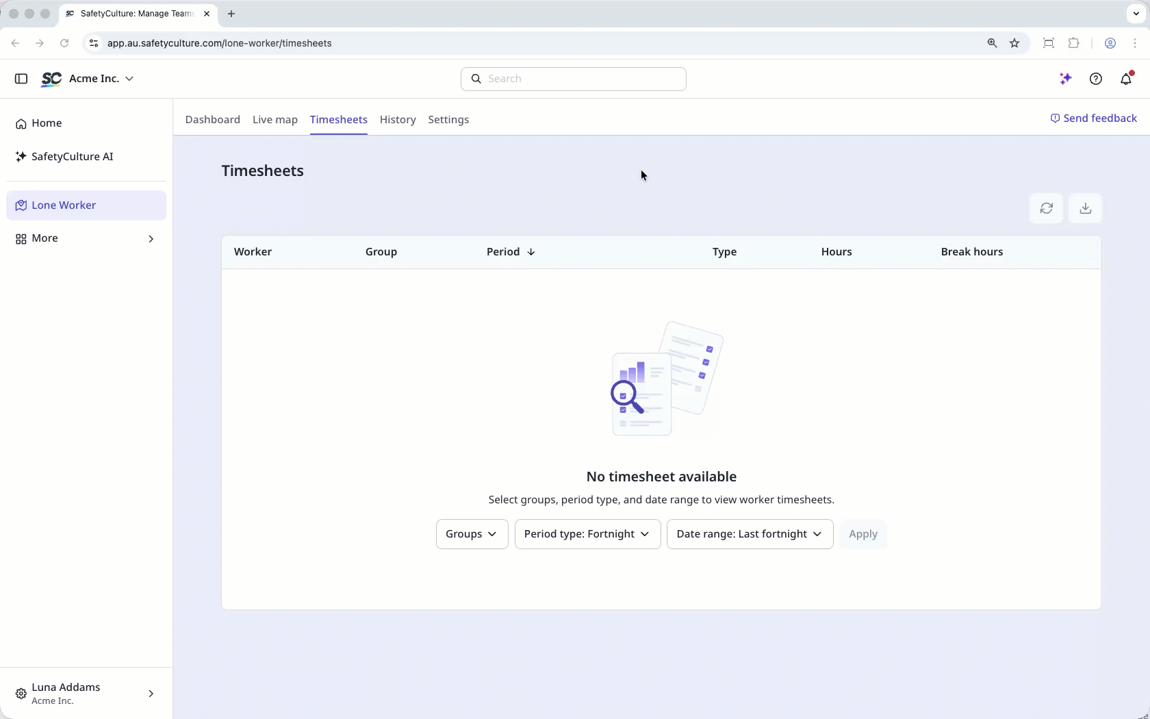 Click "timesheets" at the top of the page. Configure the filters and click "apply" at the center of the page.