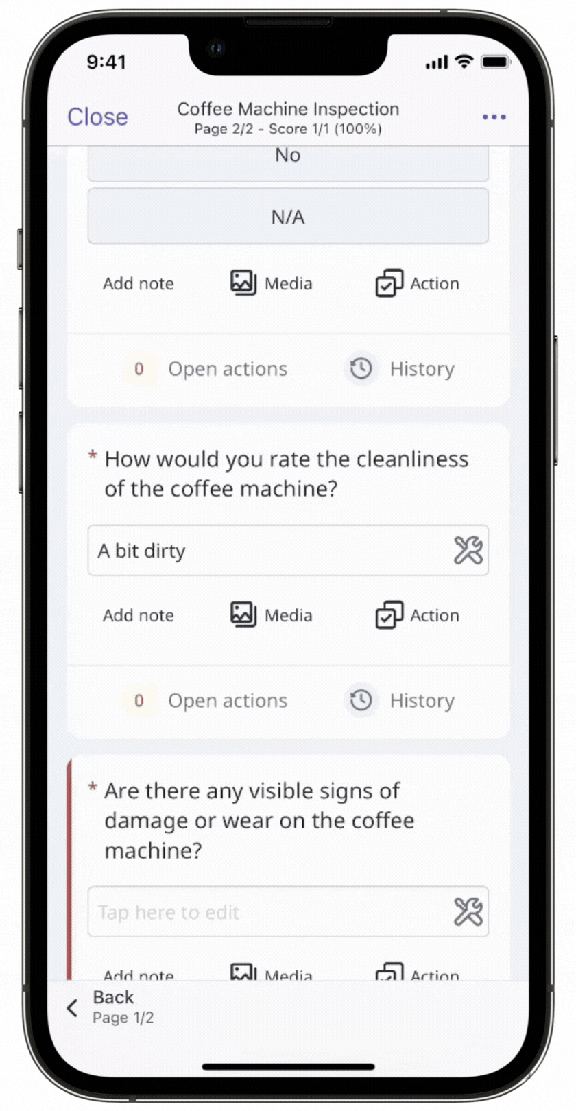 Create an action in an inspection report via the mobile app.