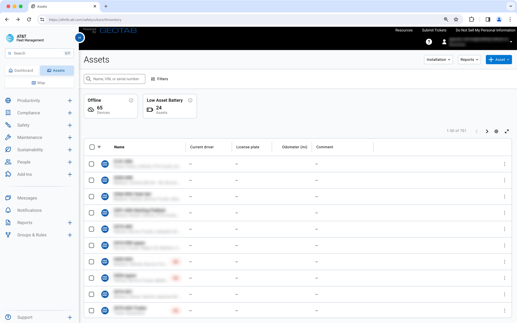 Exemple de liste d'actifs dans la Gestion de flotte AT&T pour les entreprises et les administrations.