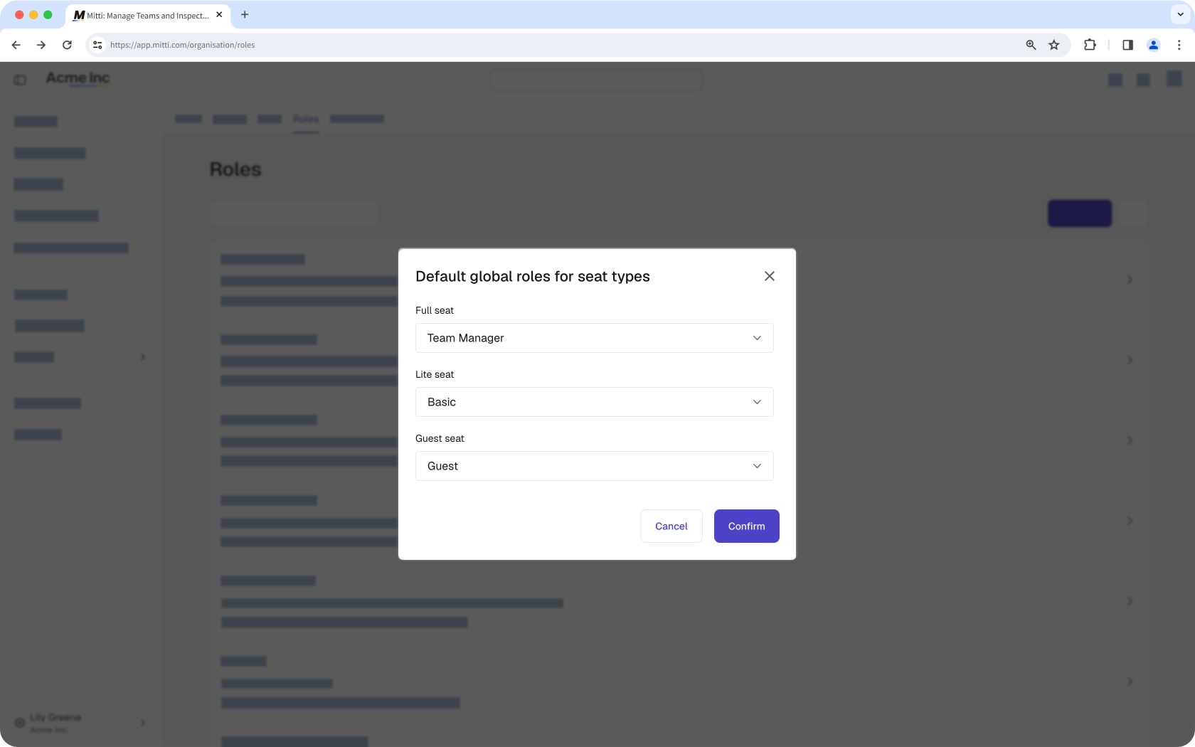 The Roles page with the “Default global roles for seat types” pop-up window open.