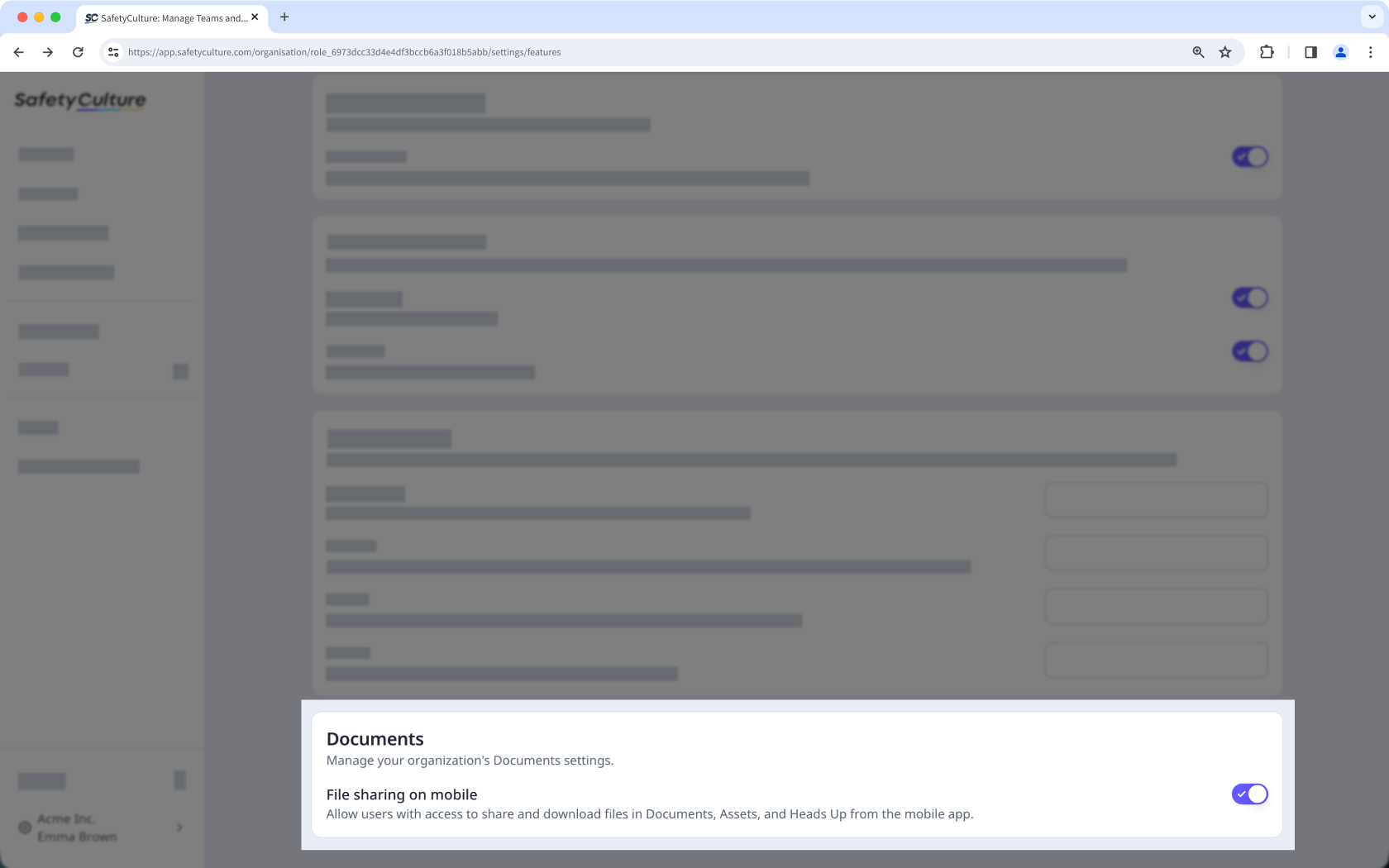 Le paramètre « Partage de fichiers sur mobile » pour Documents dans l'onglet Fonctionnalités de la page des paramètres de l'organisation.