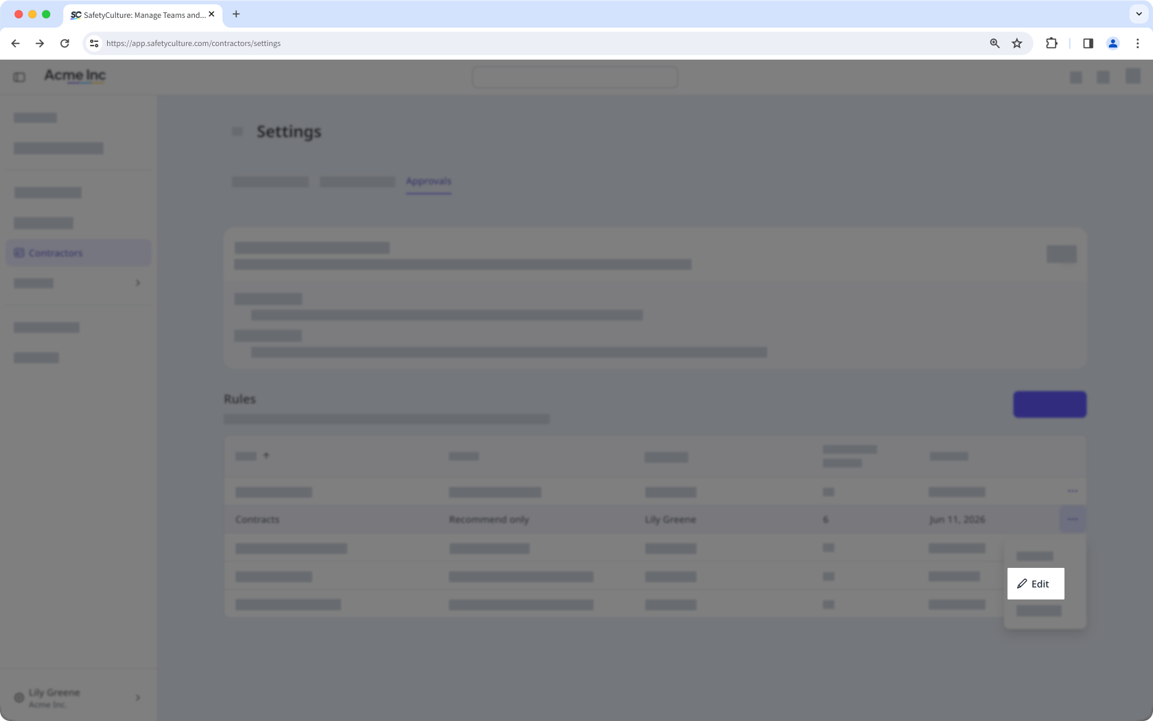 The list of approval rules with a rule's Edit option visible.