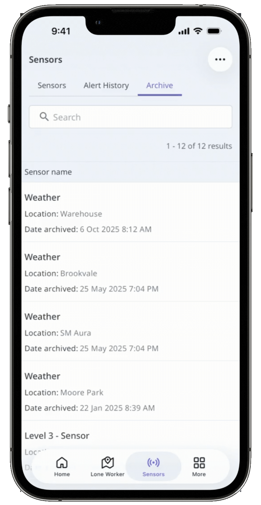 Tap an archived sensor from the list to view alert history.