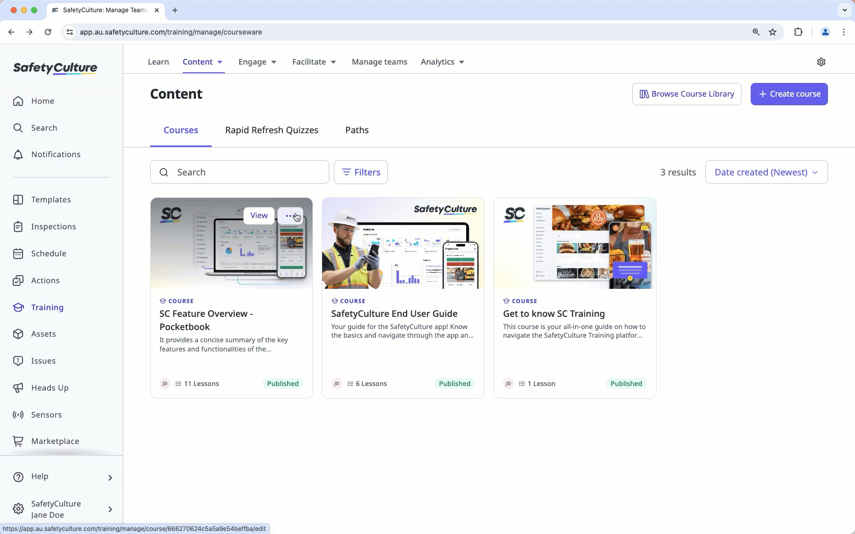 Preview a course via the SafetyCulture web app.