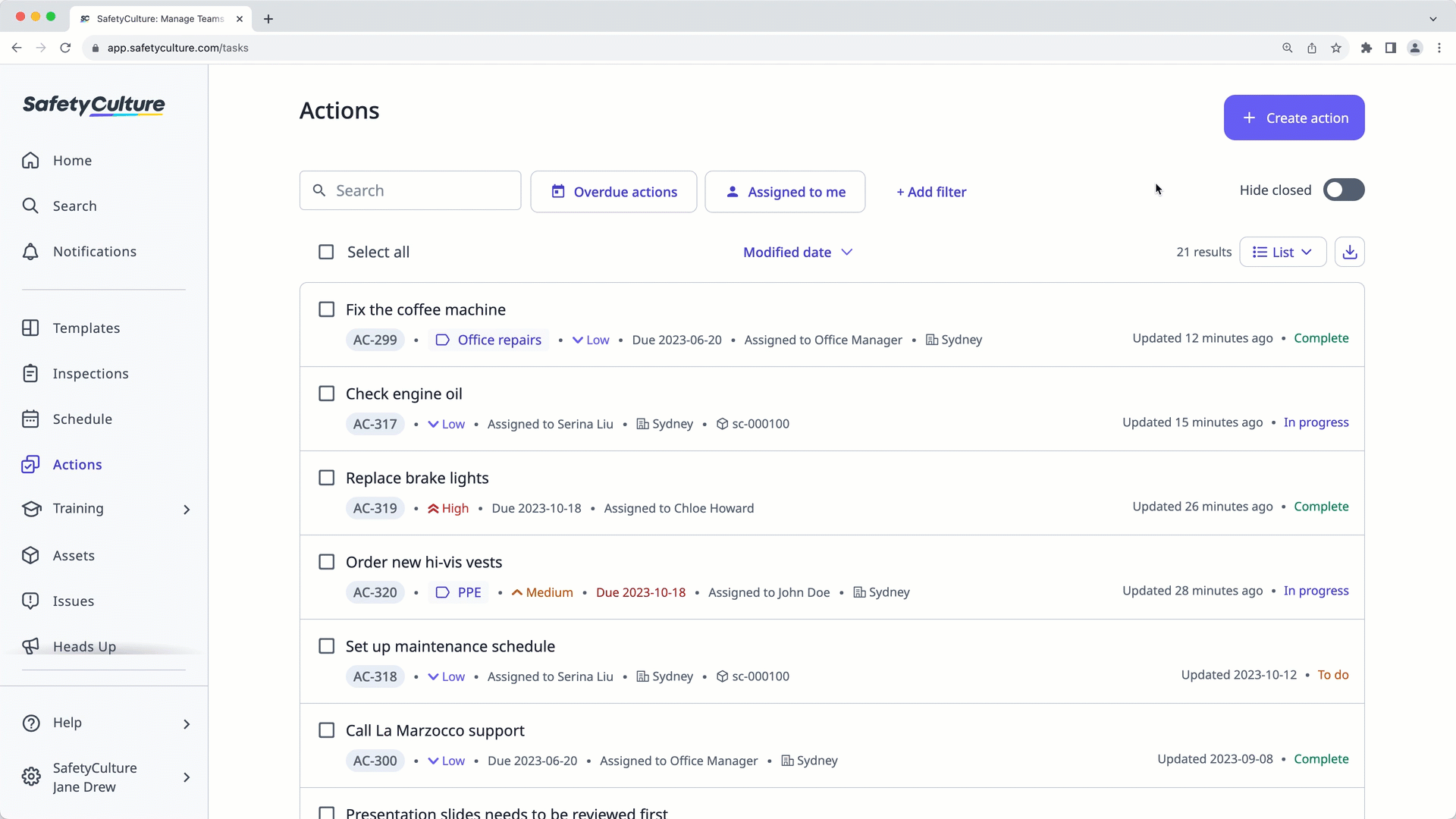 An demonstration of different views of actions on the web app.