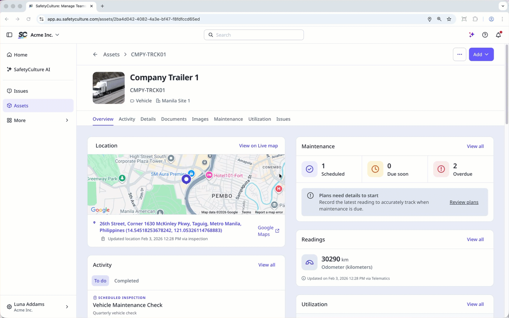 Sur la page du profil de l'actif, accédez à la section d'activité et trouvez l'inspection planifiée.
