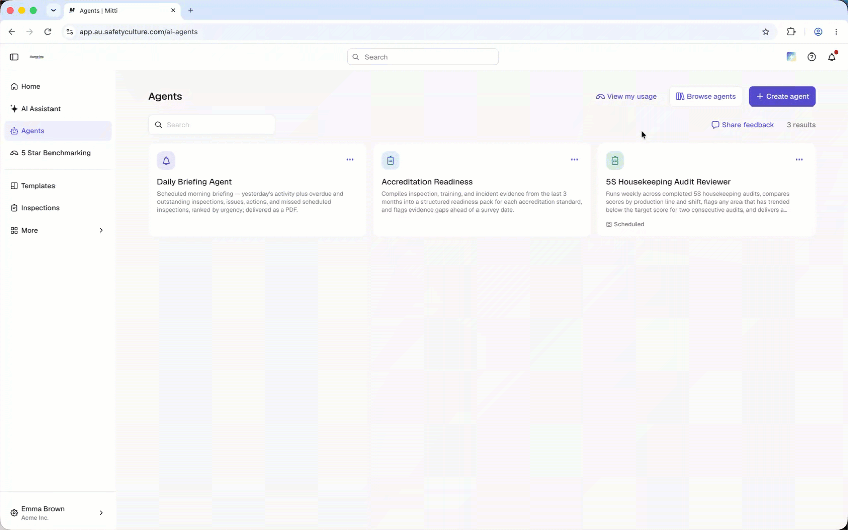 The Agents page with the template library open where you can select a predefined agent to start with.