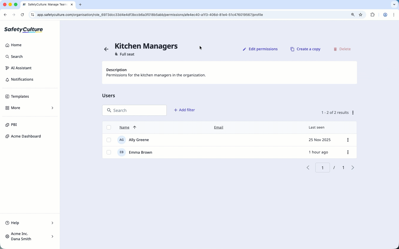 Edit a permission set's title, description, and permissions via the web app.