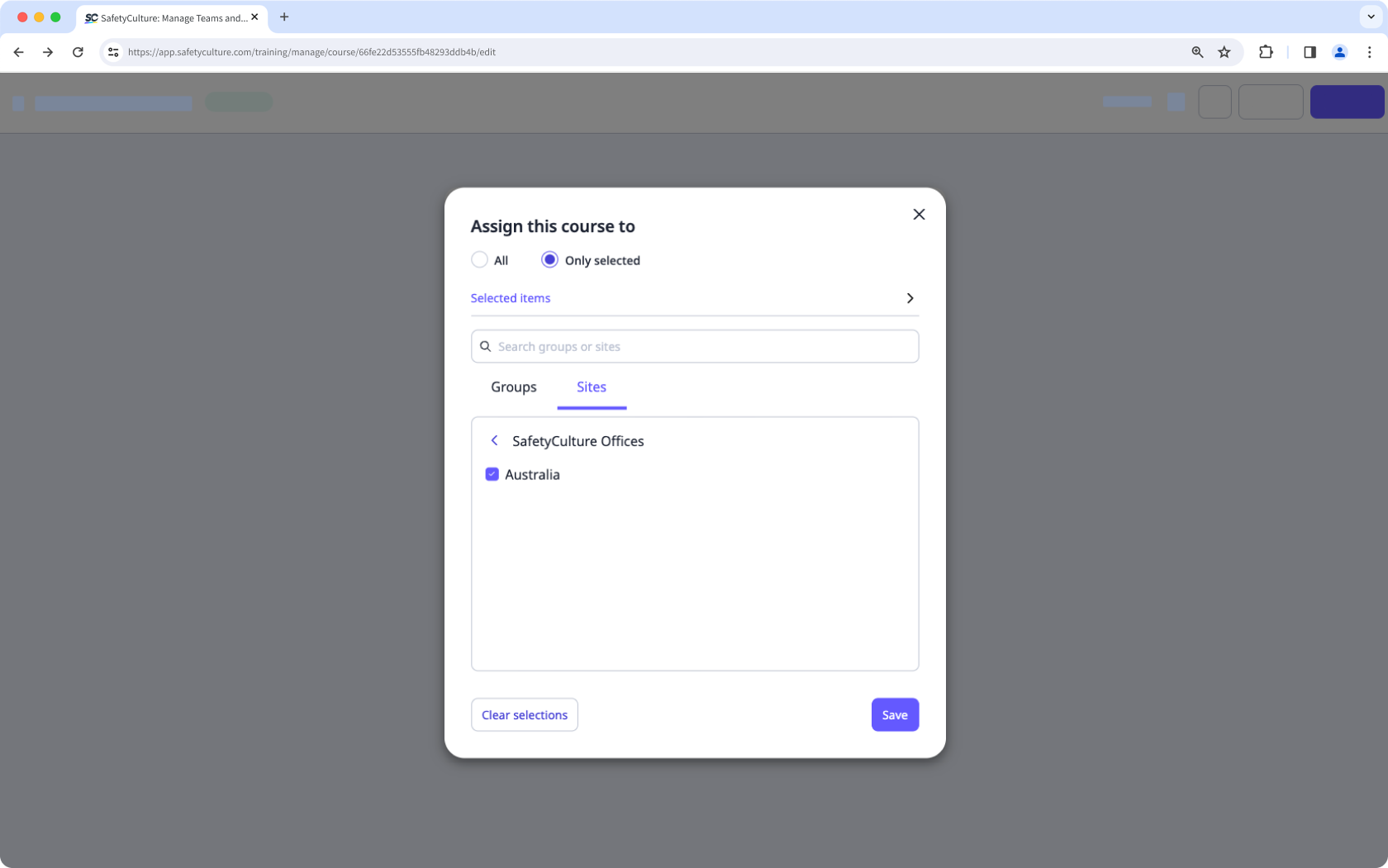 Assign courses to users on selected sites via the web app.
