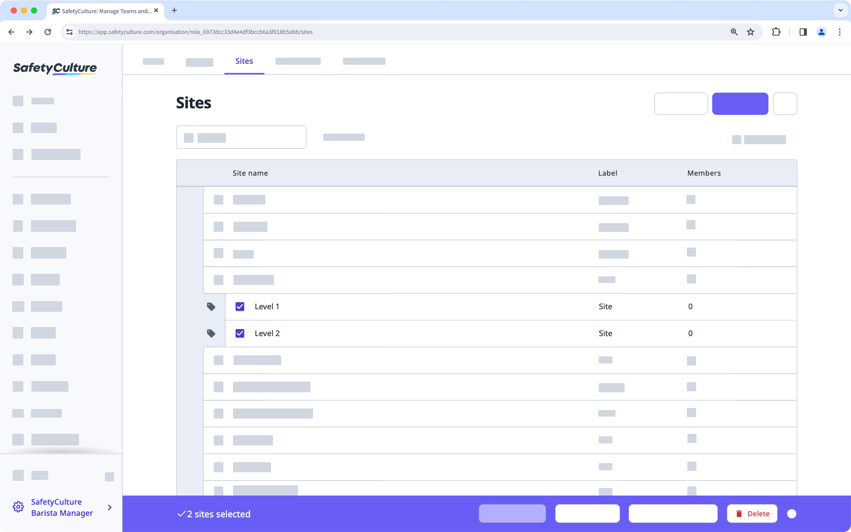 Eliminar sitios en masa a través de la aplicación web.