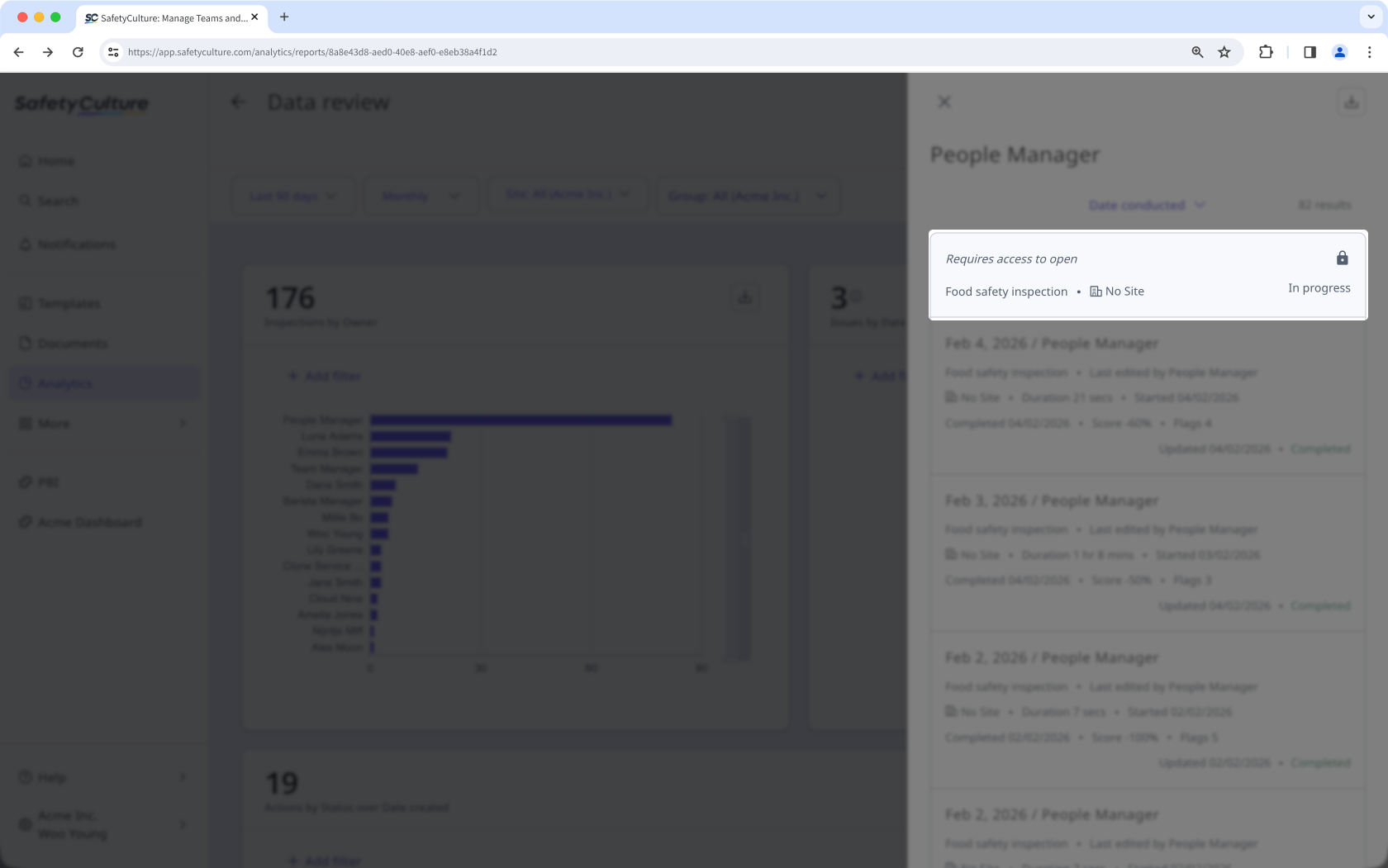 Eine Inspektion im Drilldown-Seitenbereich in Analytics ist gesperrt, wenn ein Benutzer keinen Zugriff auf "Ansicht" hat.