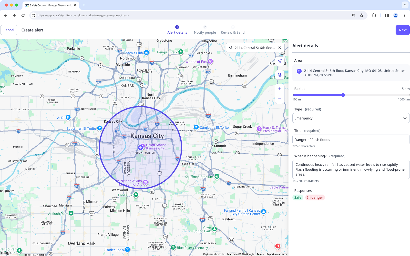 The Alert details page with an emergency alert form filled in, showing a 5 km alert radius on the map.
