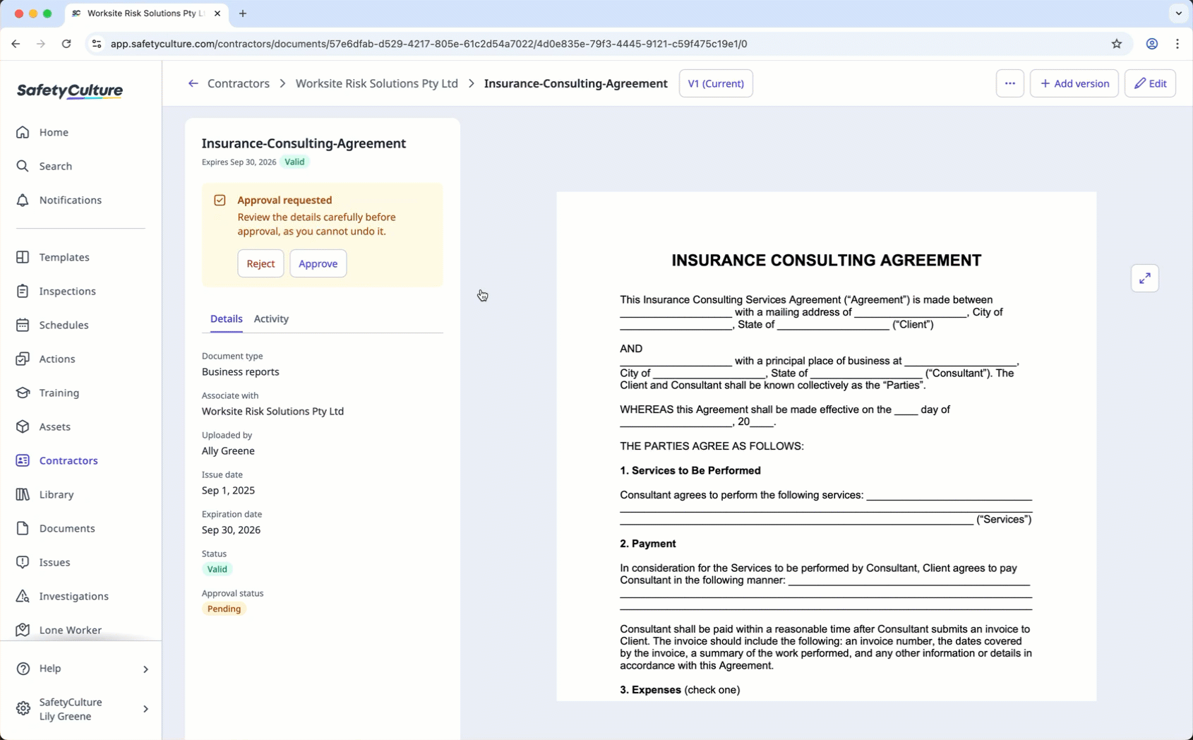 Reject a company document via the web app.