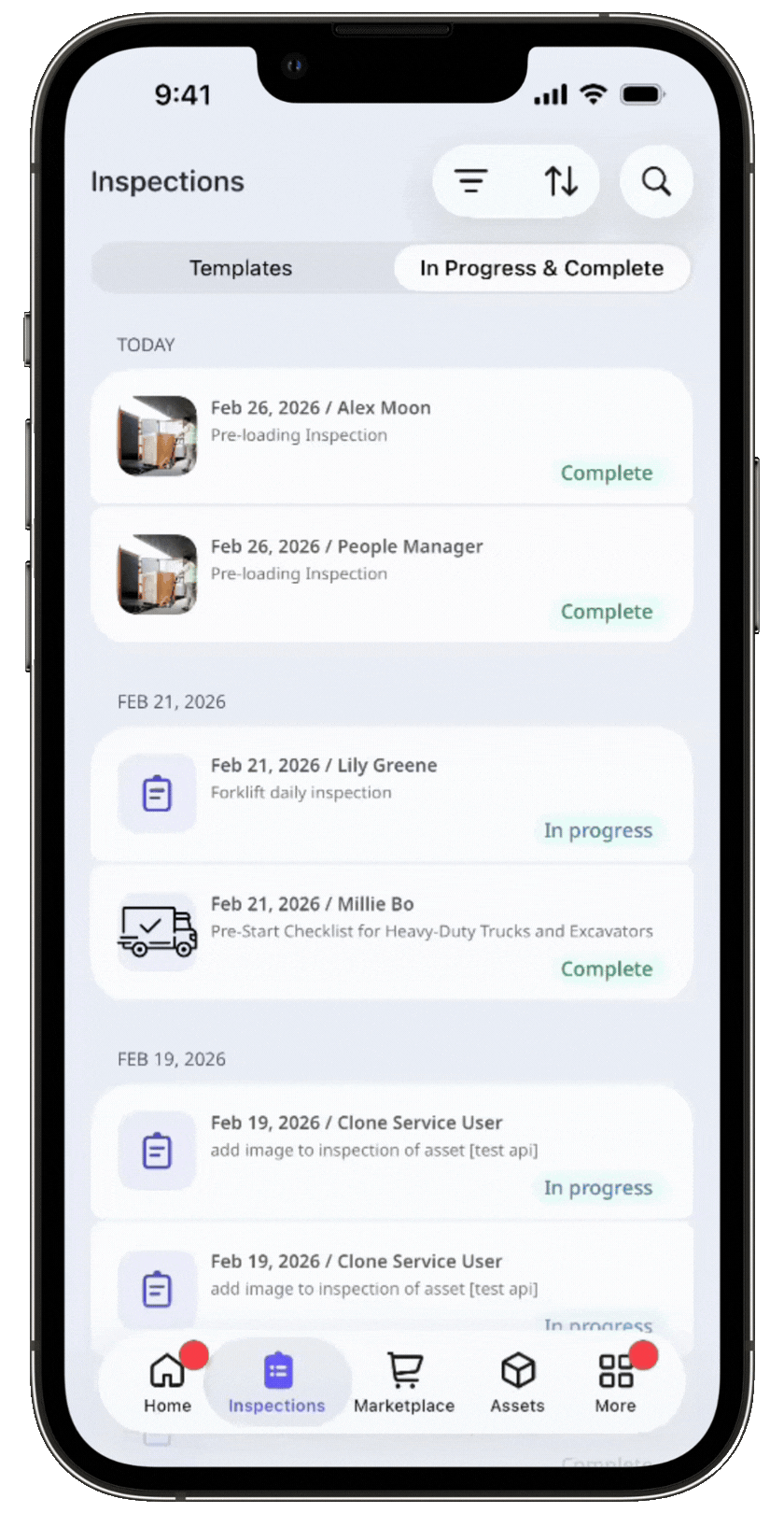 Access the relevant inspections by sorting by approval status on the mobile app.