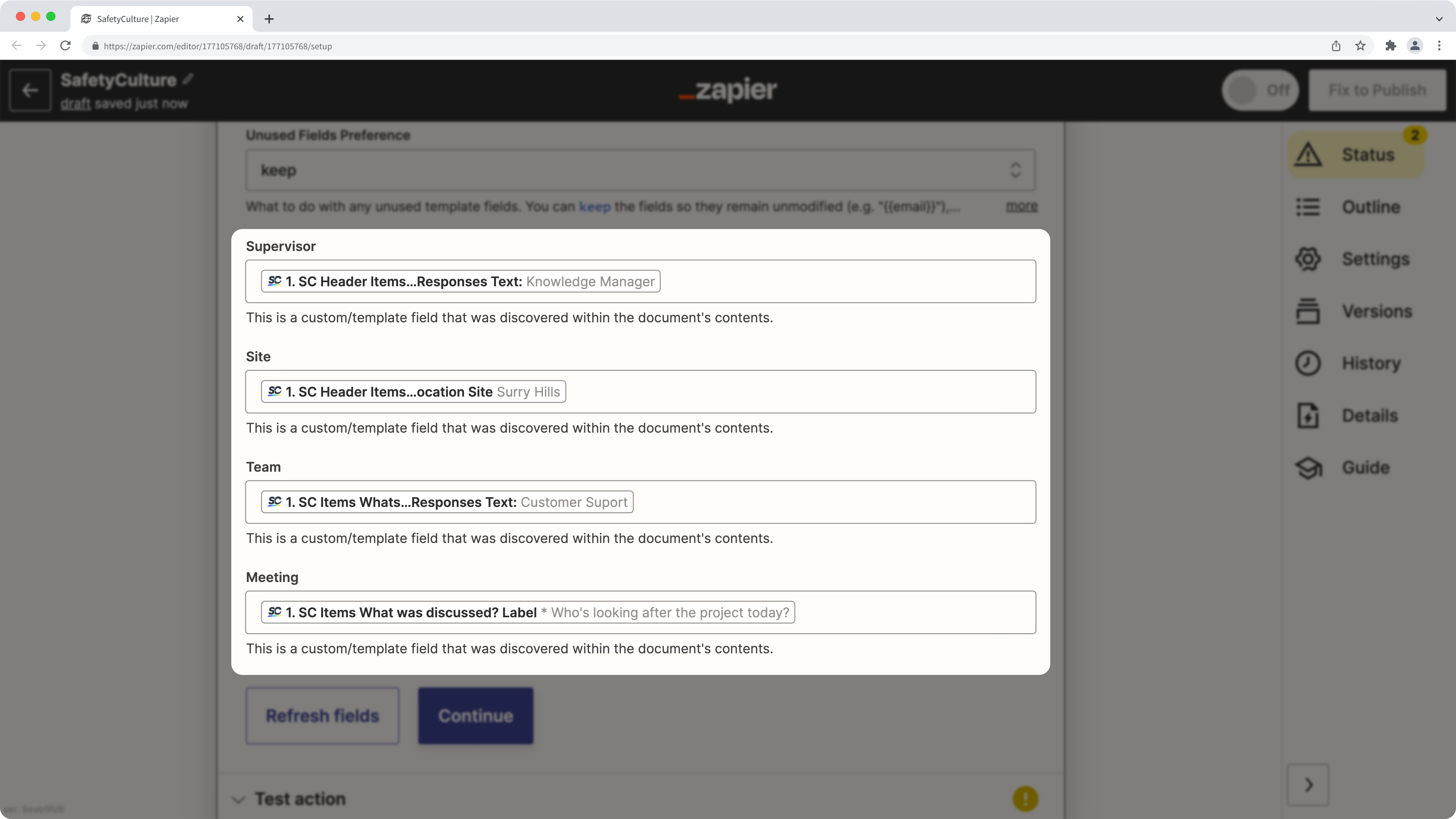 Un ejemplo de configuración, acción de Google Docs en Zapier.