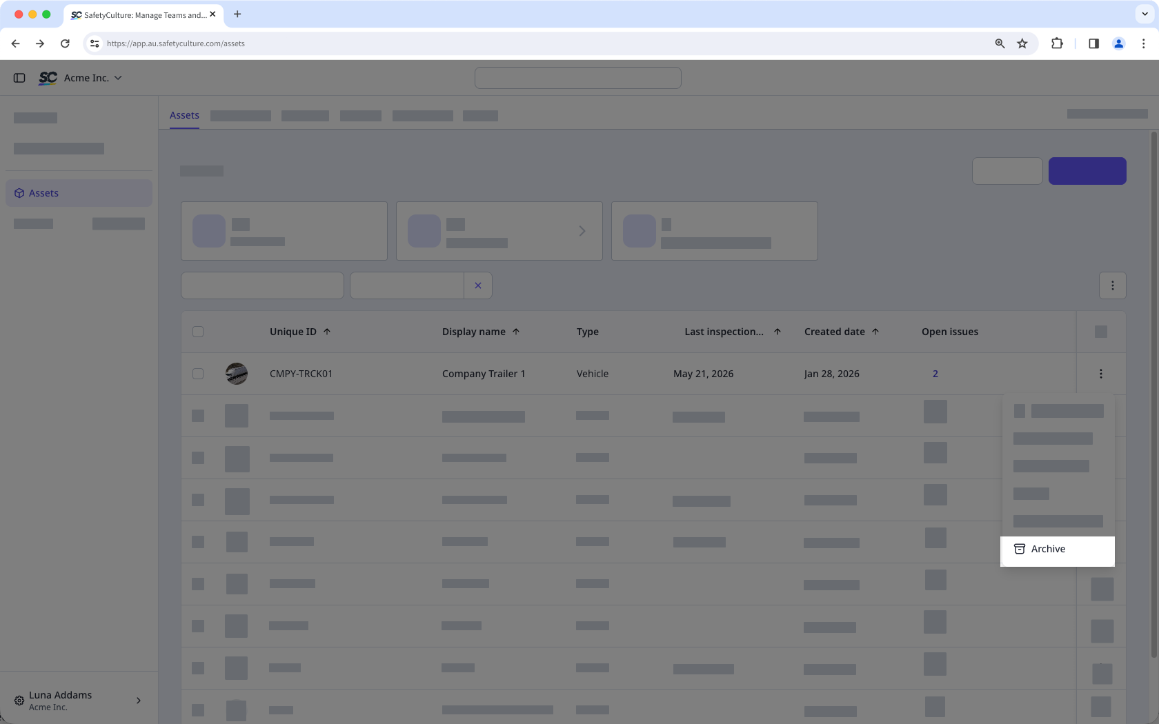 The Assets page with the Archive option open in the three-dot menu for an asset.