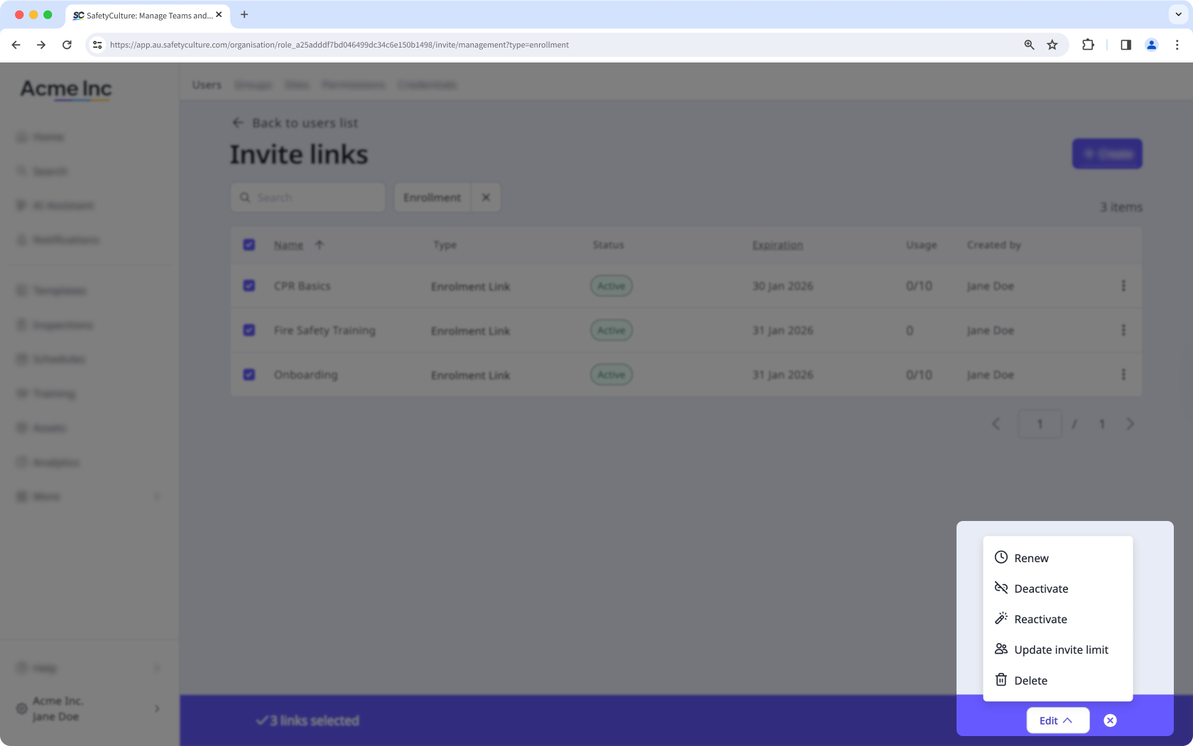Editar enlaces de inscripción en masa a través de la aplicación web.