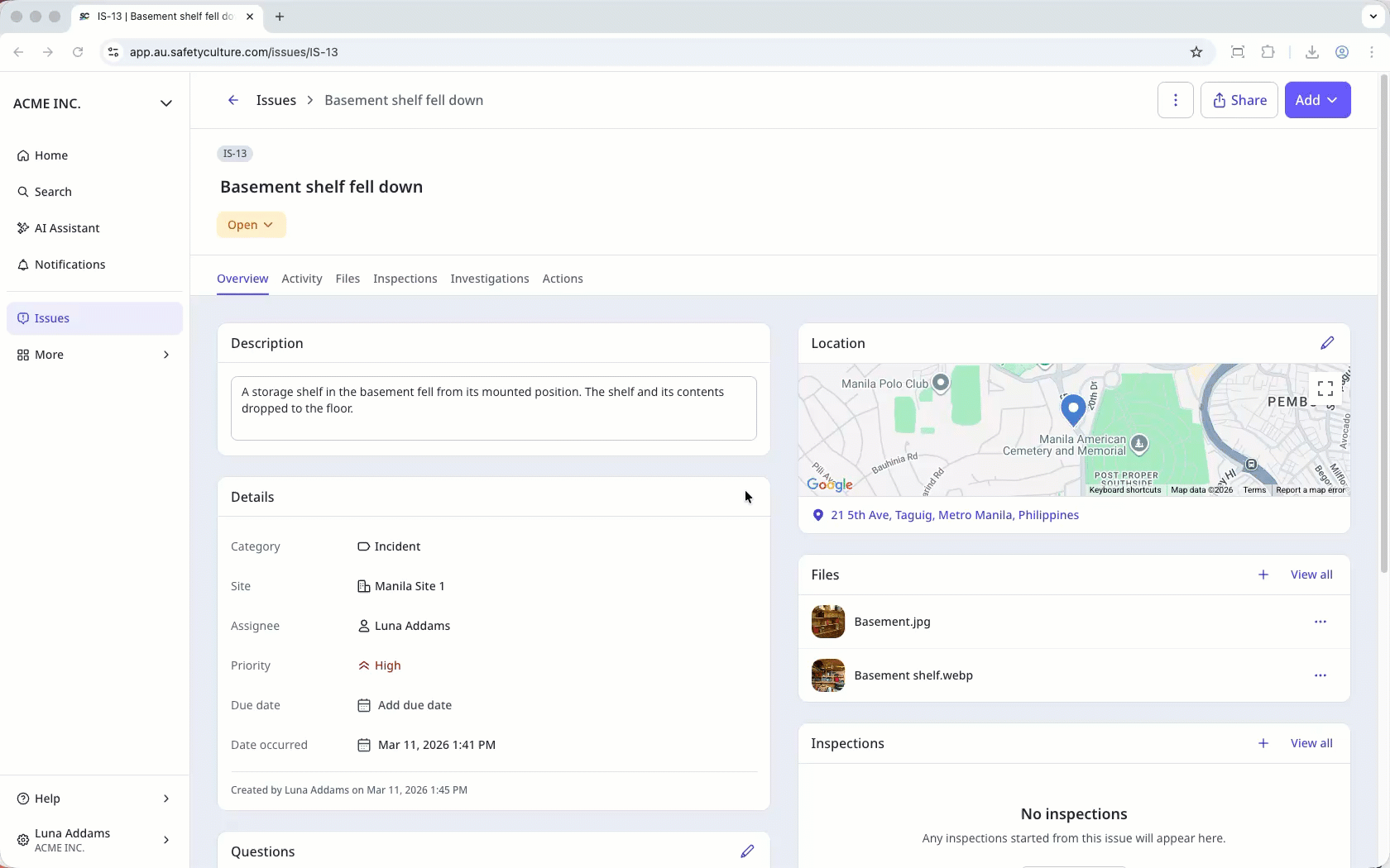 Report an issue and start an inspection using a linked template via the web app.