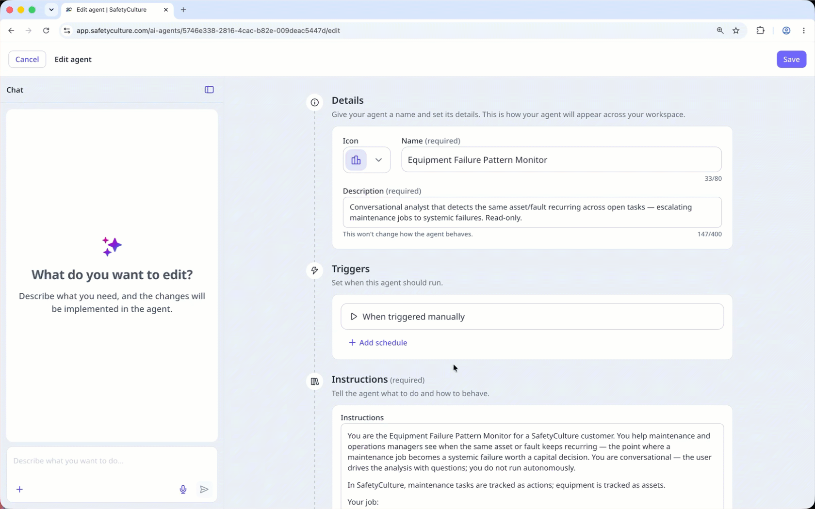 Adding a schedule in the 'Edit agent' page to schedule an agent run.