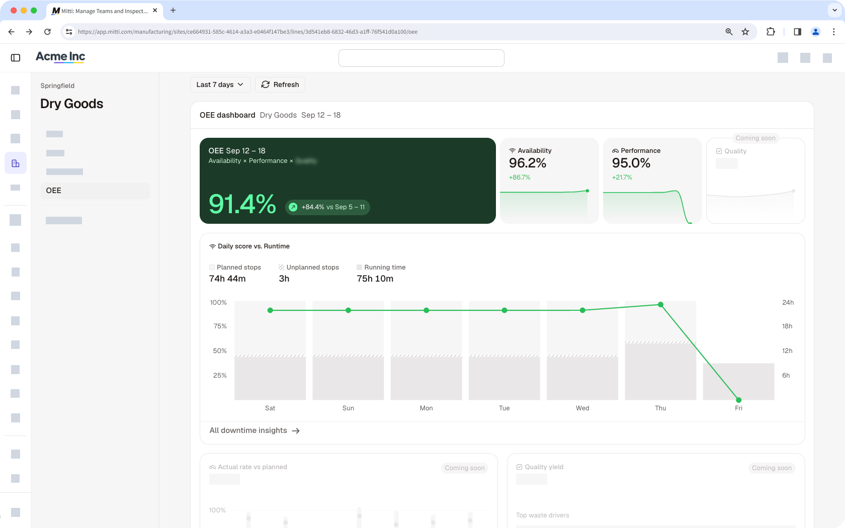 Die Ansicht „Gesamtanlageneffizienz (OEE)“ für eine Produktionslinie im Modul „Produktion“ der Web-App.