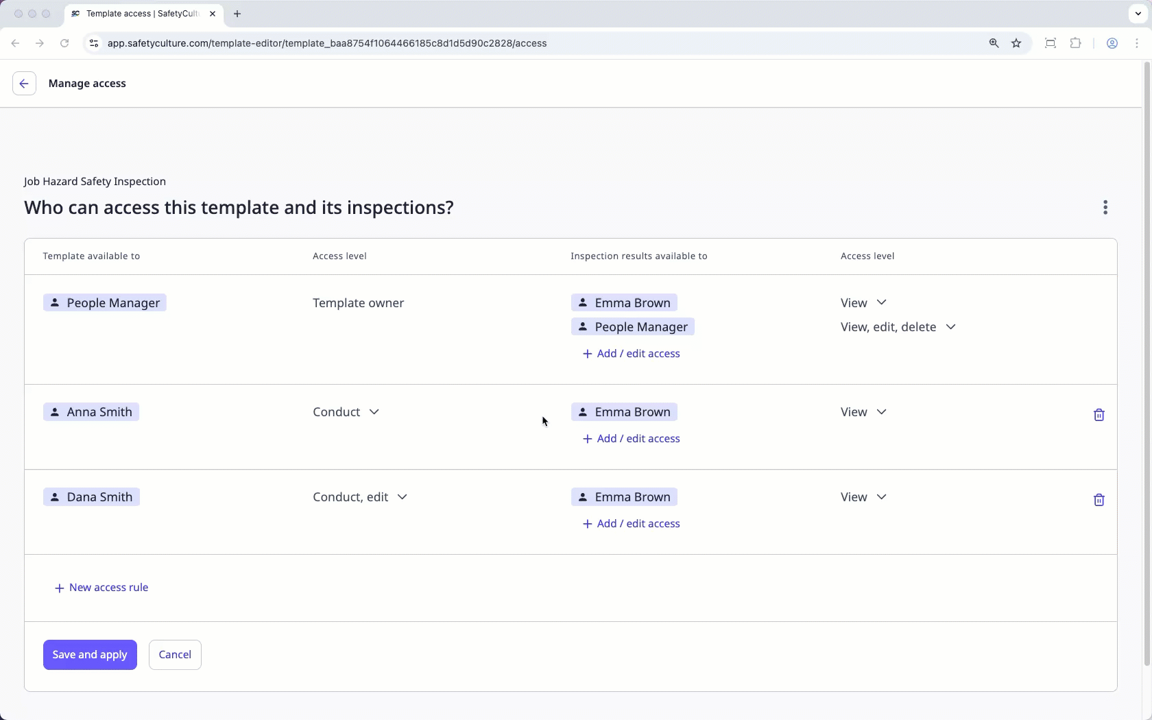 Erstellung komplexer Vorlagen und Zugriffsregeln für Inspektionen über die Web-App.