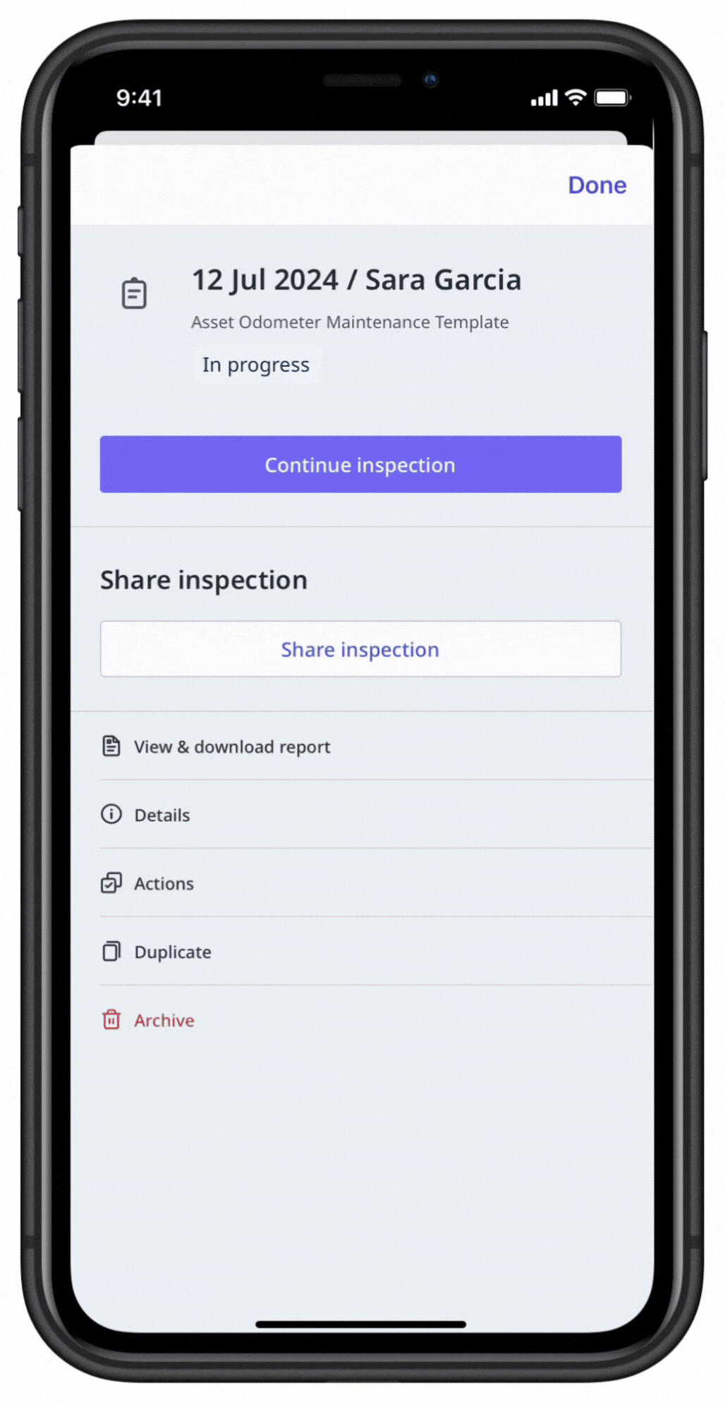 Search for an asset in an inspection via the mobile app.