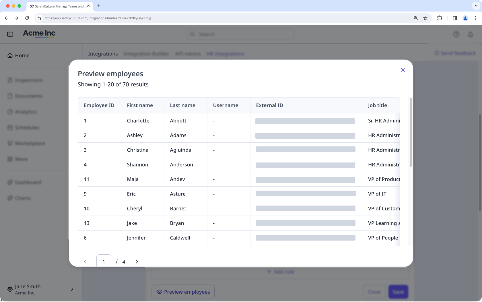 Aperçu de la liste des employés à importer dans SafetyCulture via l'application Web.