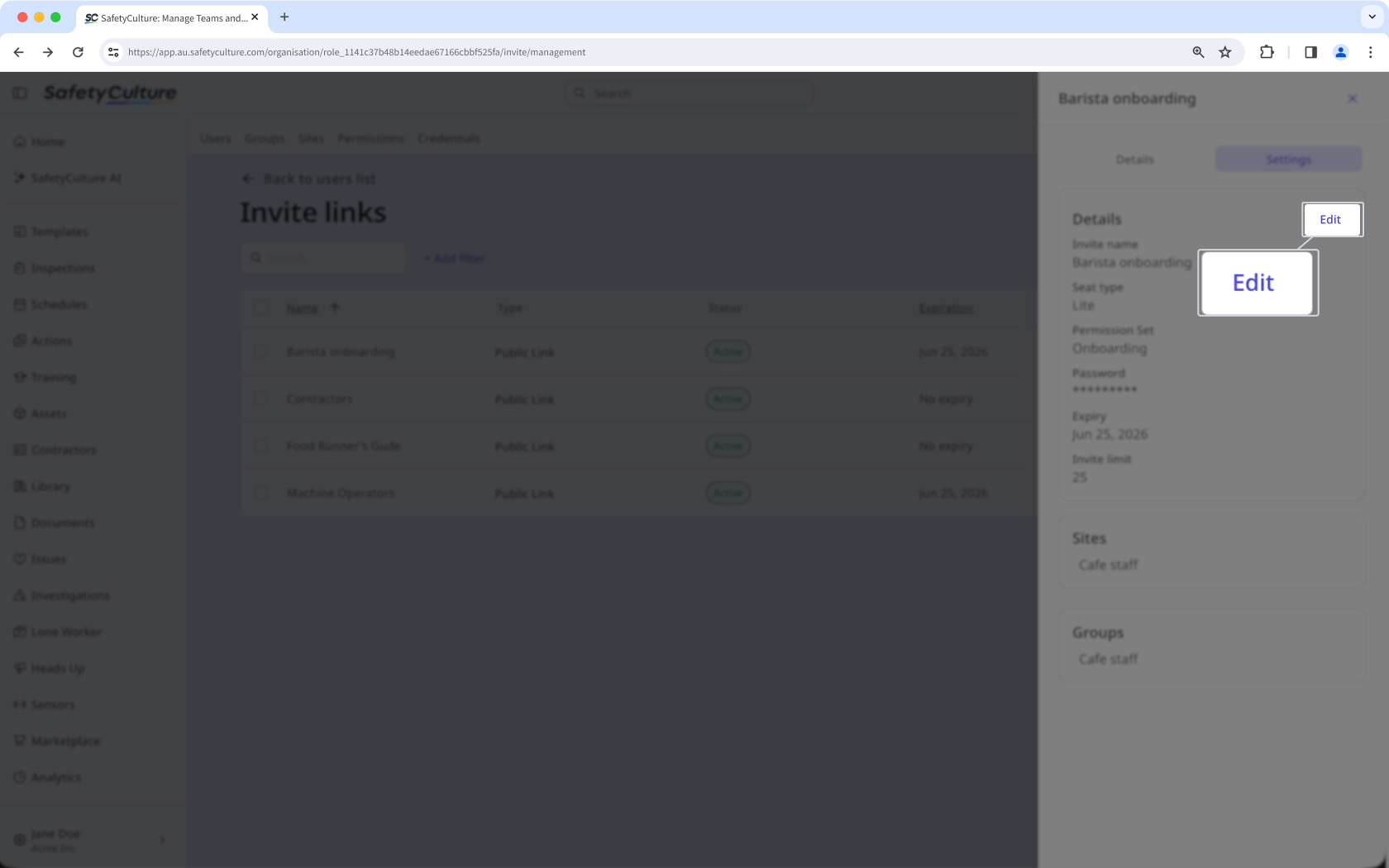 The invite link with the option to edit visible.