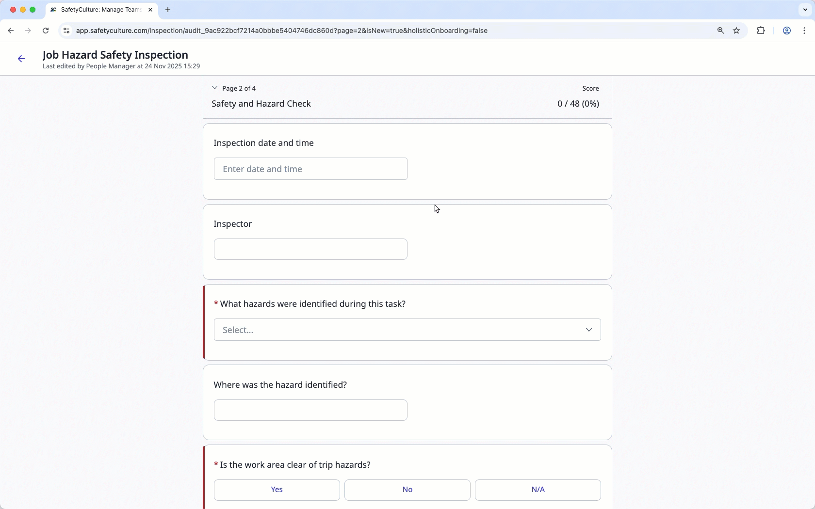 Inspection with template settings applied via the web app.