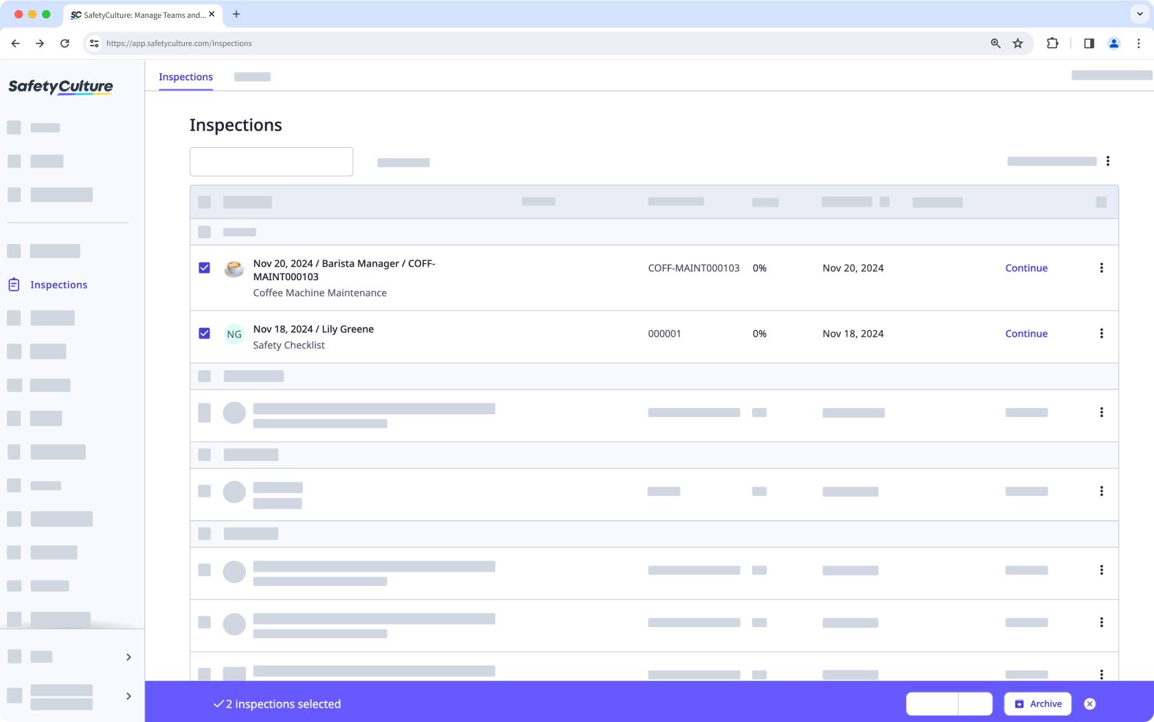Archivo masivo de inspecciones a través de la aplicación web.