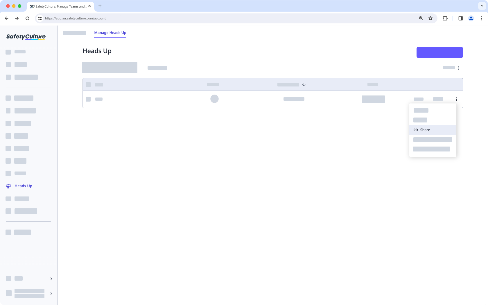 Ein bestehendes Heads Up über die Web-App auf der Registerkarte "Heads Up verwalten" teilen.