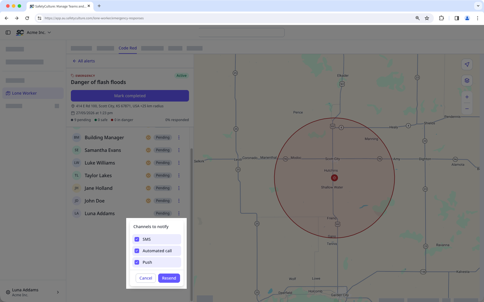 The "Channels to notify" dialog with SMS, Automated call, and Push selected to resend an active emergency alert.