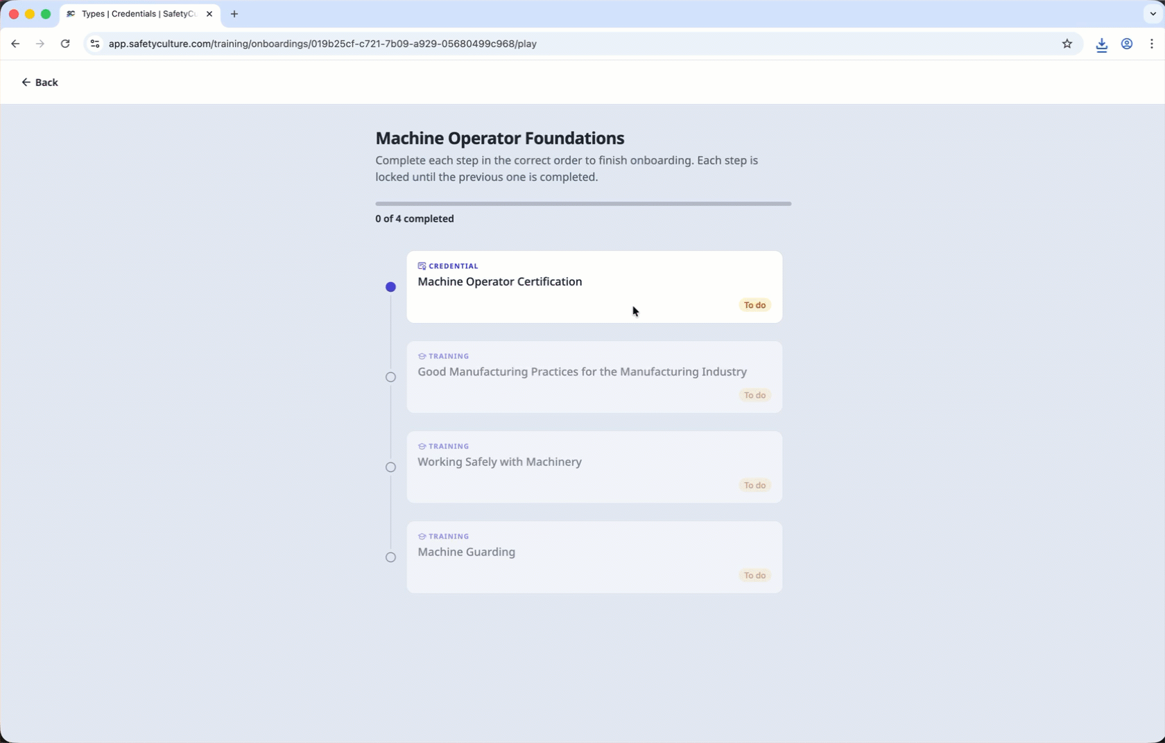 Start and complete an onboarding workflow via the web app.