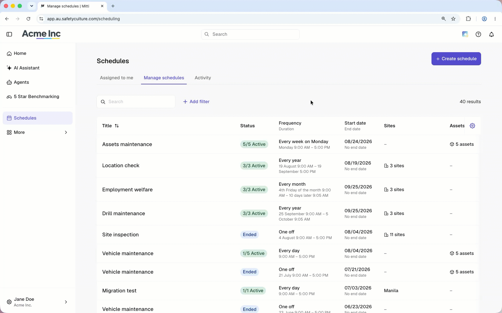 View the sub-schedules for asset-based schedules on the "Manage" tab.