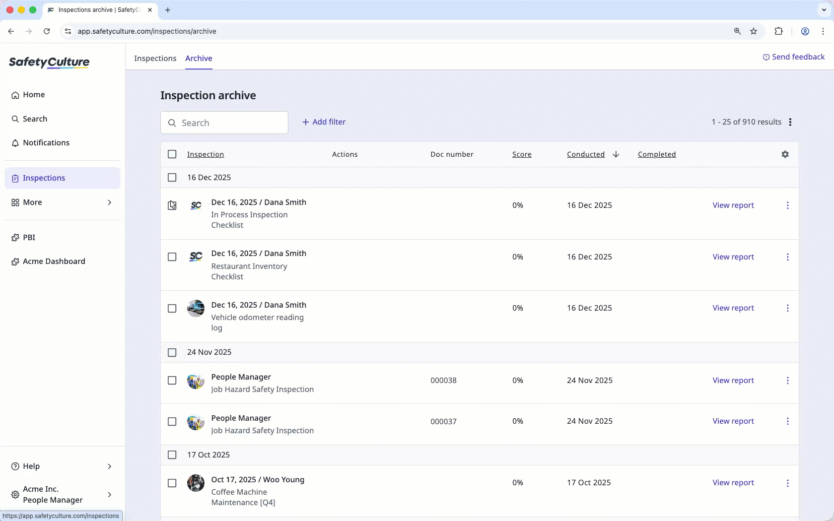 Restore archived inspections via the web app.