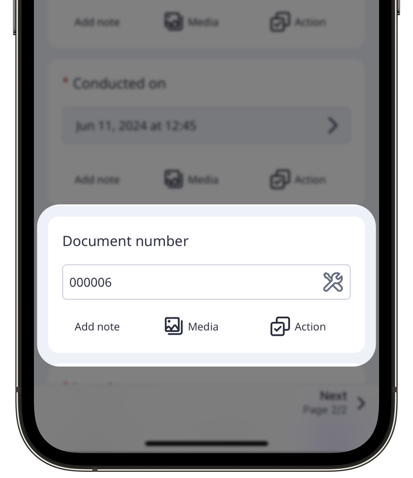 A title page in an inspection showing a document number on the mobile app