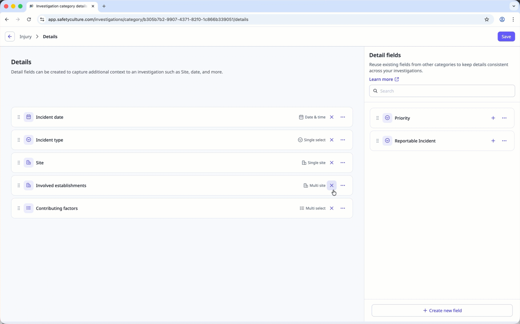 Remove investigation detail fields via the web app.