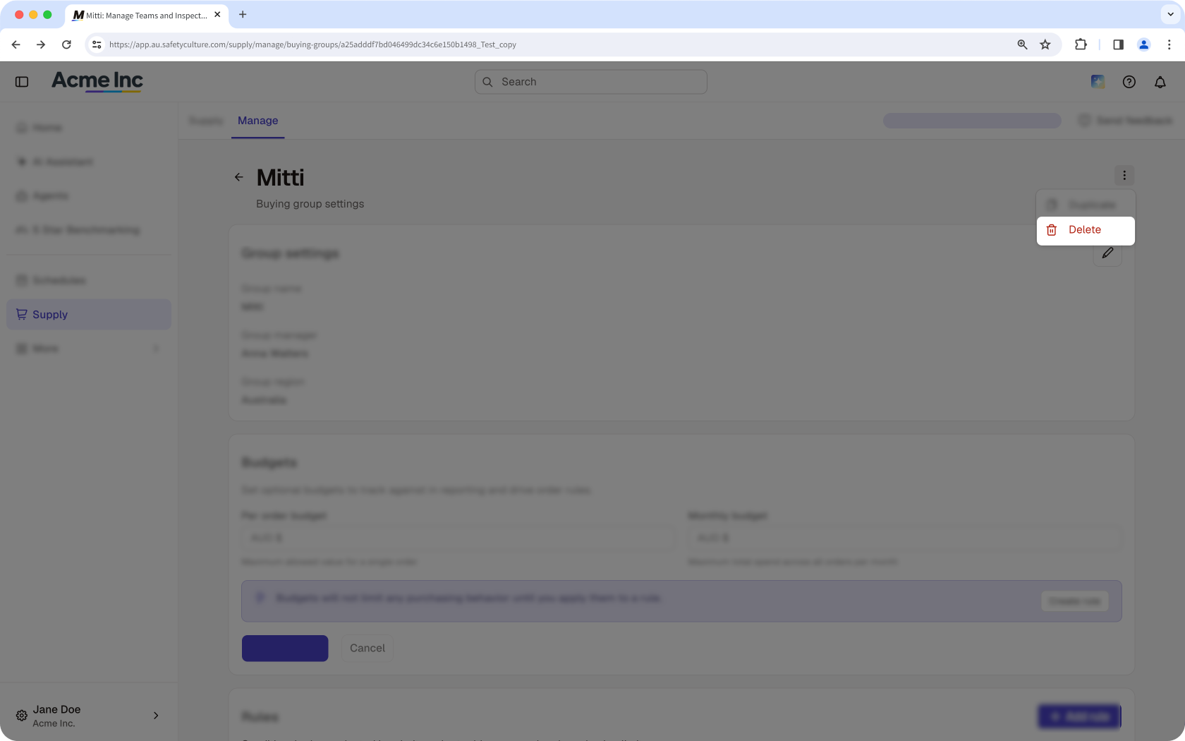 The Supply buying group page showing the option to delete a buying group.
