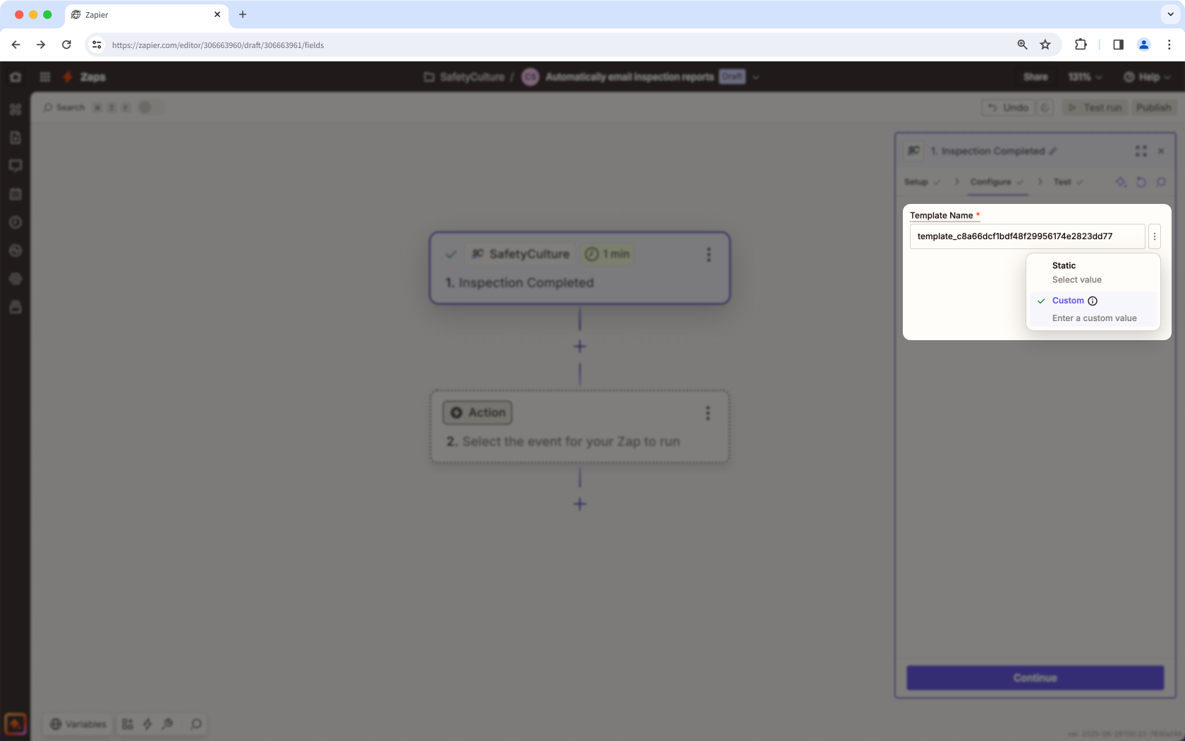 Un ejemplo de cómo insertar un identificador de plantilla personalizada en Zapier.