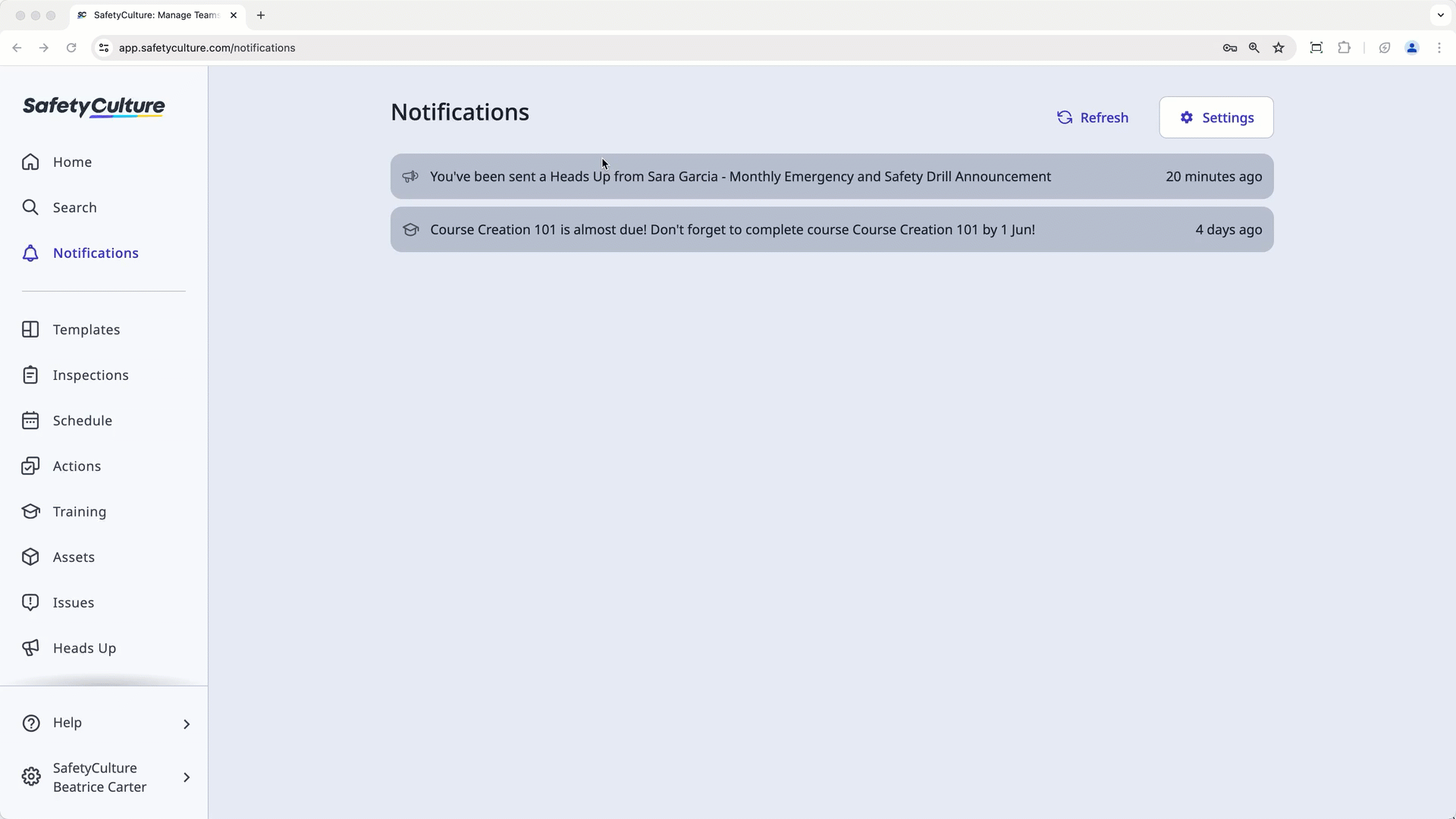 View Heads Up via the web app.
