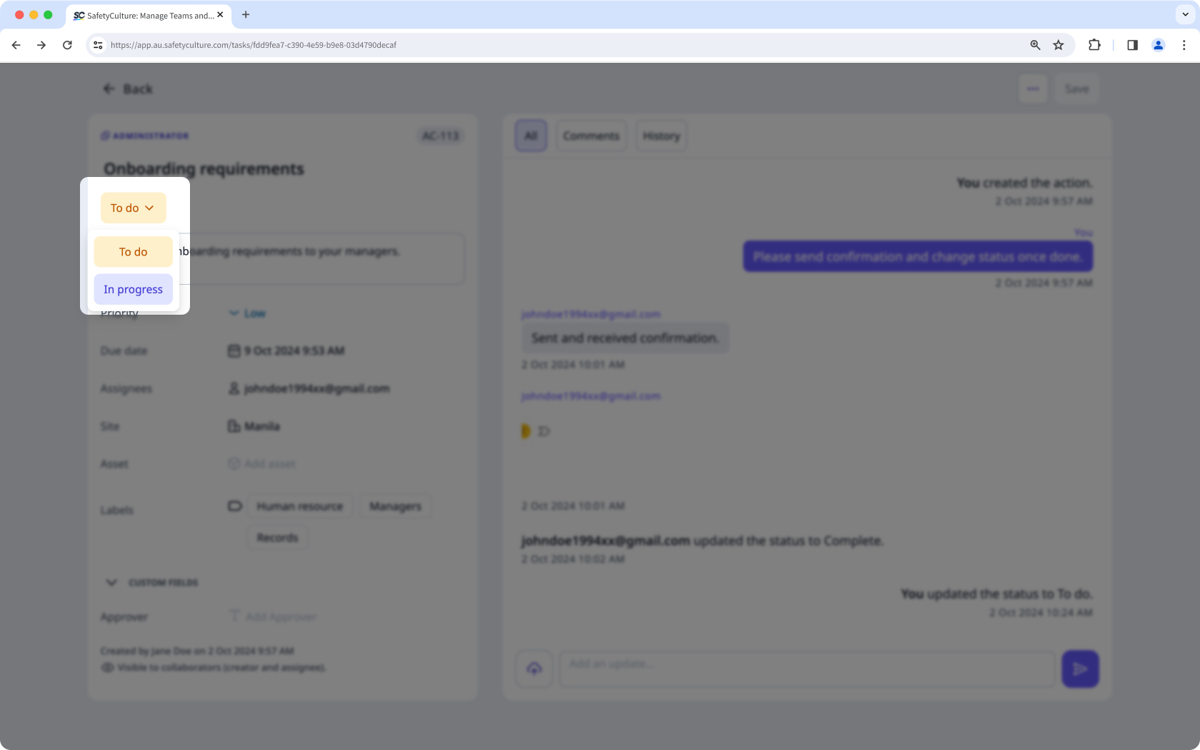 Un exemple de transition e statut d'une action restreinte sur l'application Web.