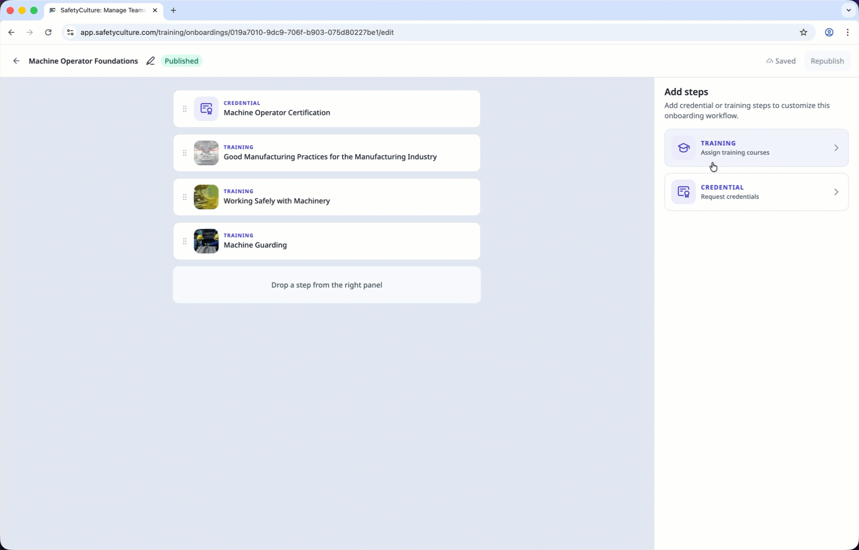 Add training steps to an onboarding workflow via the web app.