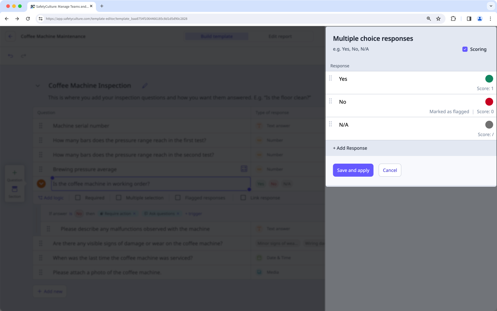 Actualizar un conjunto de respuestas personalizado en una plantilla a través de la aplicación web.