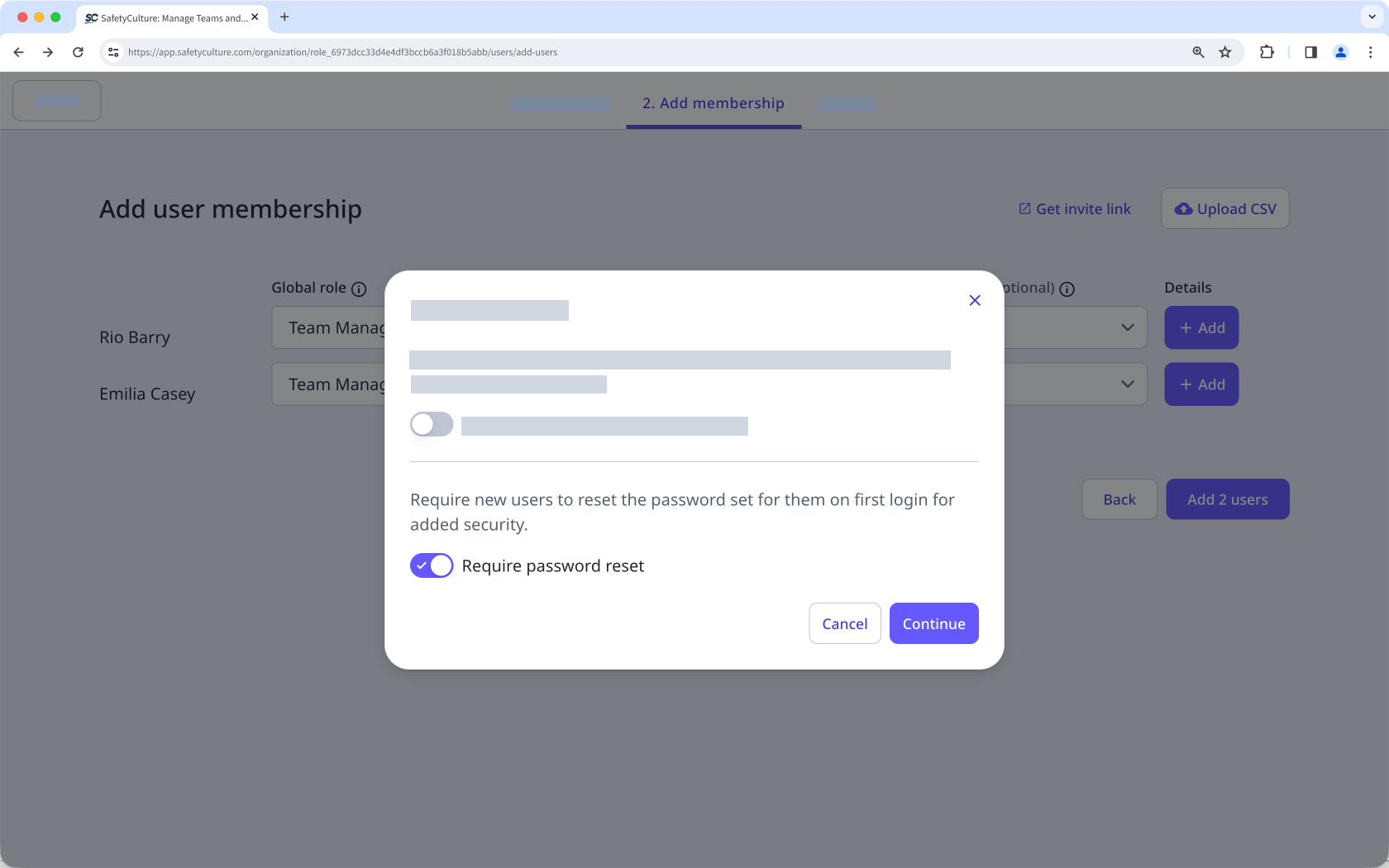 Turn on Require password reset setting.