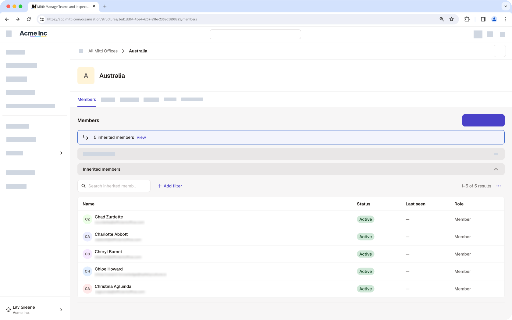The Members tab in the site profile showing a list of users with inherited membership in sites.