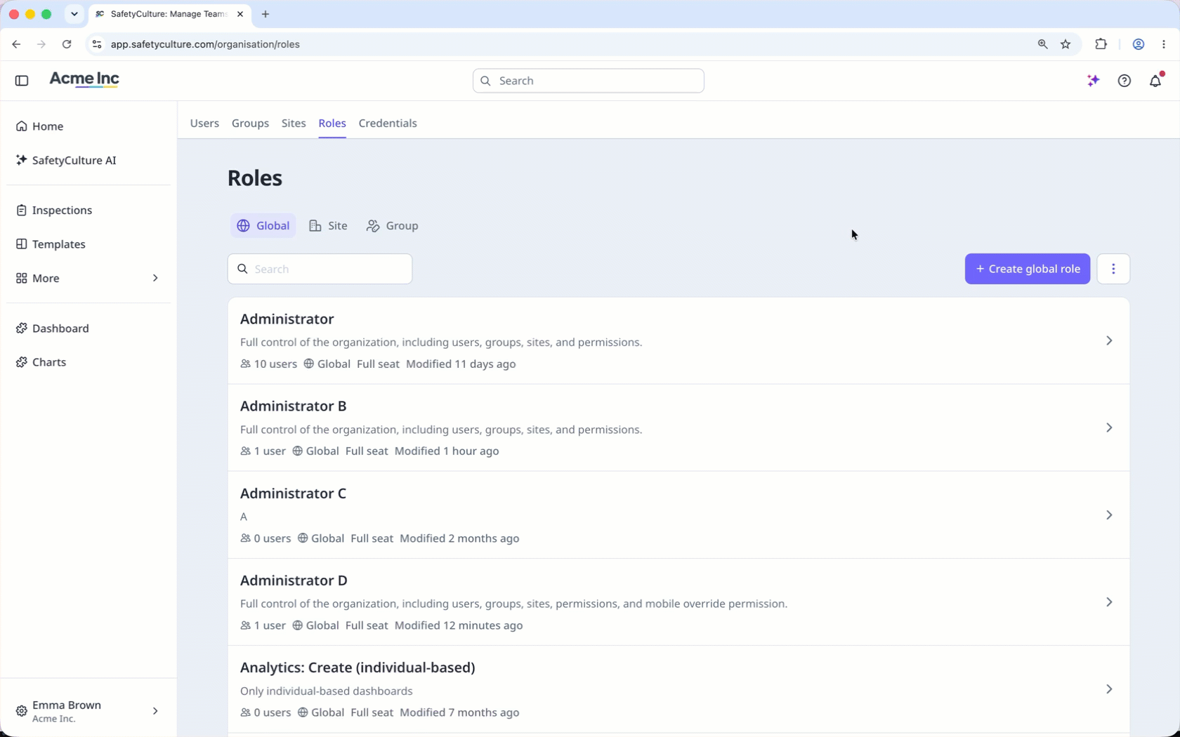 Select permissions in the 'Create global role' page to create a global role.