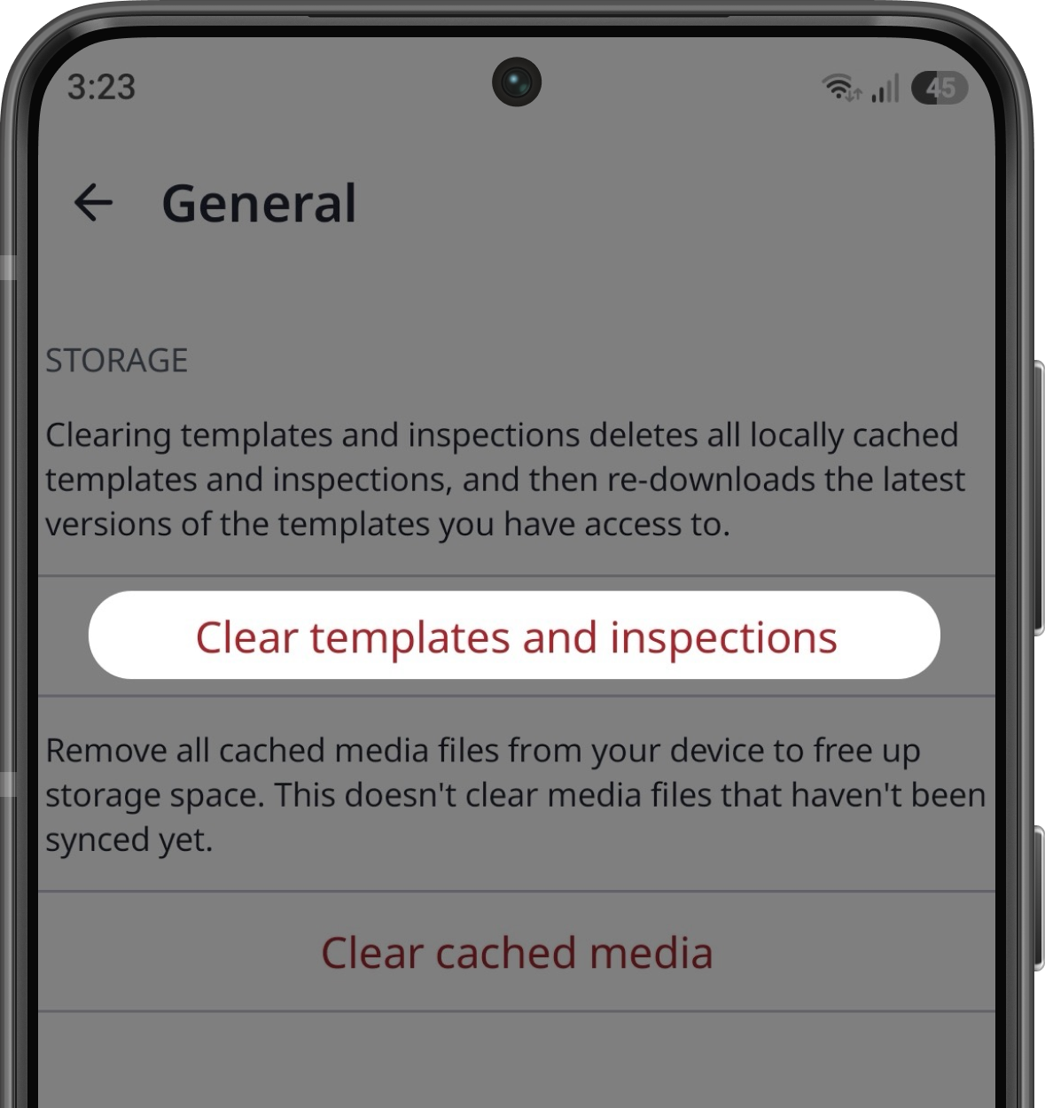 The "Storage settings" screen with the "Clear templates and inspections" option.